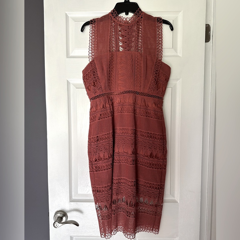 Bardot Lace Effect Coral Dress
